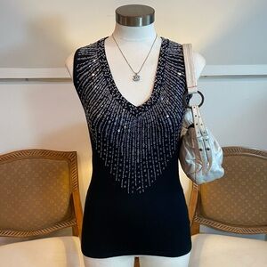 Vintage Cache Elegant Black Knit Sleeveless Top w Beaded Silver Sequin Accents